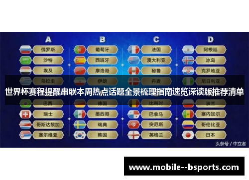 世界杯赛程提醒串联本周热点话题全景梳理指南速览深读版推荐清单 世界杯赛程提醒串联本周热点话题全景梳理指南速览深读版推荐清单
