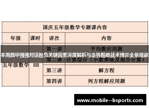 本周西甲强强对话胜负关键因素深度解析与走势前瞻战术博弈全景观察